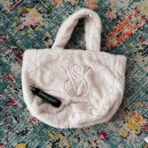 Victoria’s Secret Faux Fur Cream Bag + VS Black Glitter Keychain w/ Gold Accents